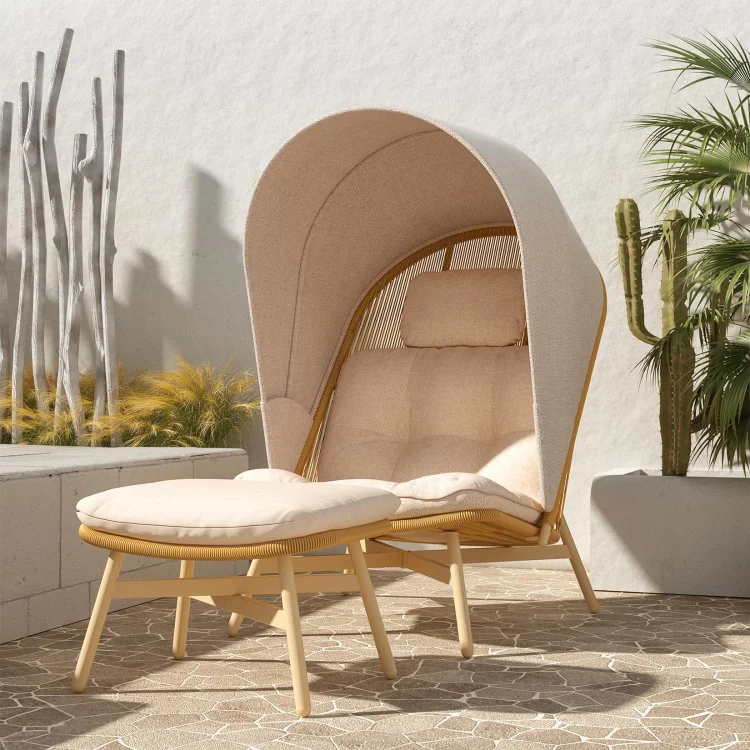 Grand patio Seren Cove Boho Oudoor Egg Chair with Folding Canopy and Ottoman, Open Weave Wicker, Oversize Lounge Chair, Sun Shade for Patio