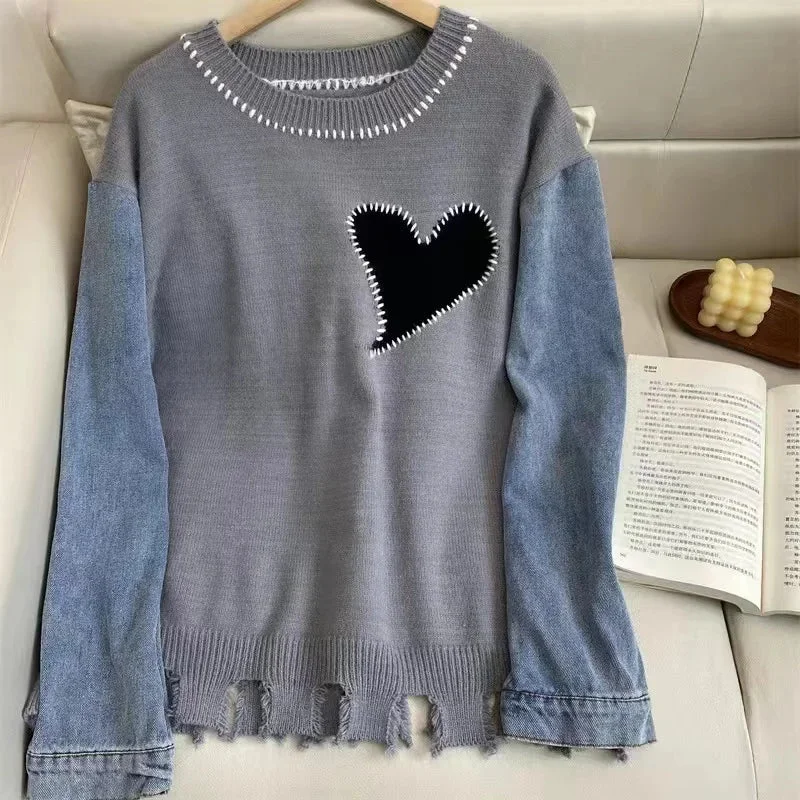 Nncharge Women's Vintage Y2K Knitting Long Sleeve Casual Pullovers 2024 Autumn Winter Fashion Round Neck Patchwork Denim Sweater Top