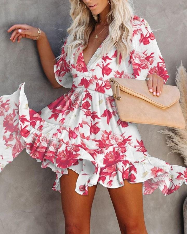 Floral Print Large Bottom Ruffle Hem Dress - Shop Trendy Women's Clothing | LoverChic