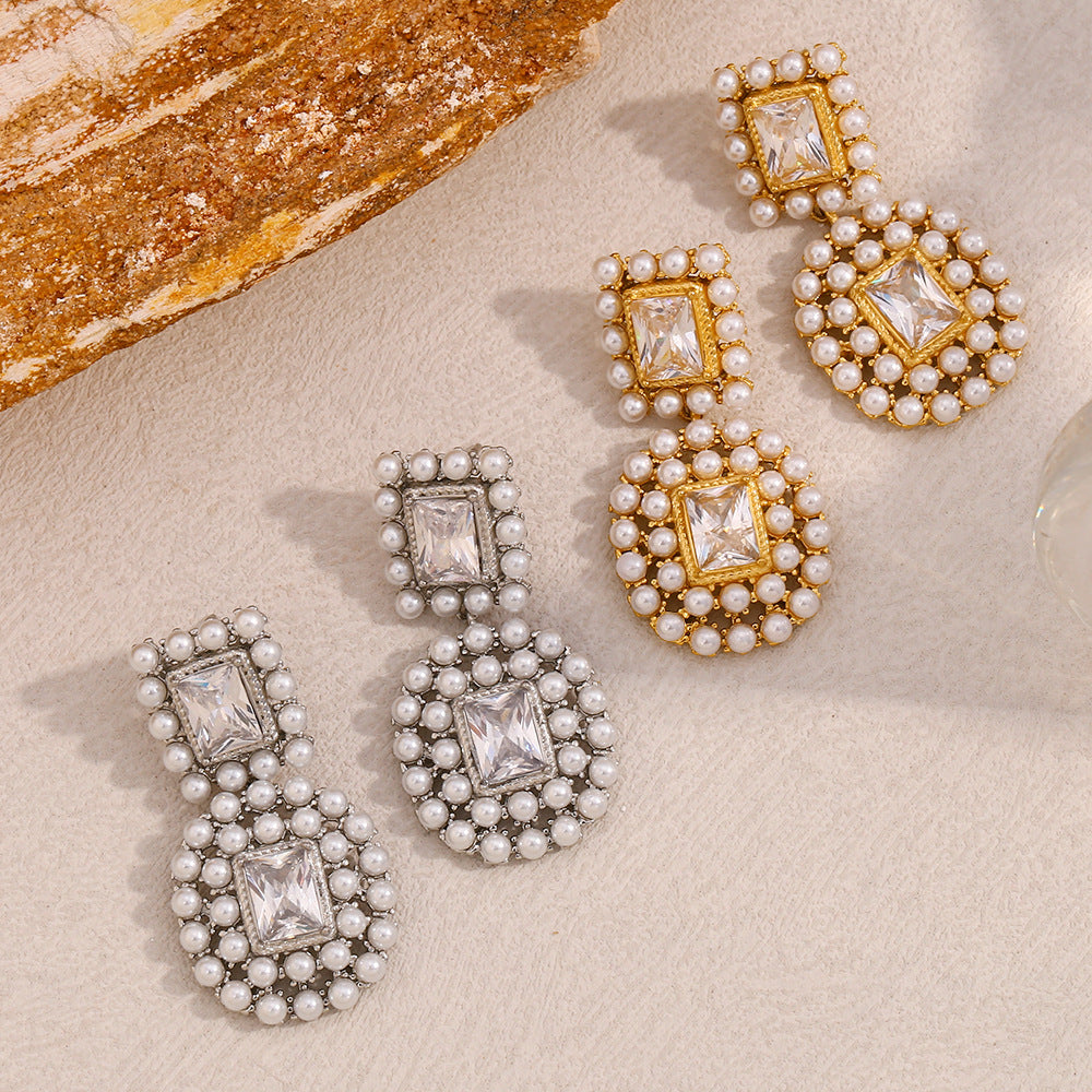 Hot Selling Fashion Earrings 316L Stainless Steel Plated With 18K Gold Luxury Splicing Zircon Pearl Earrings