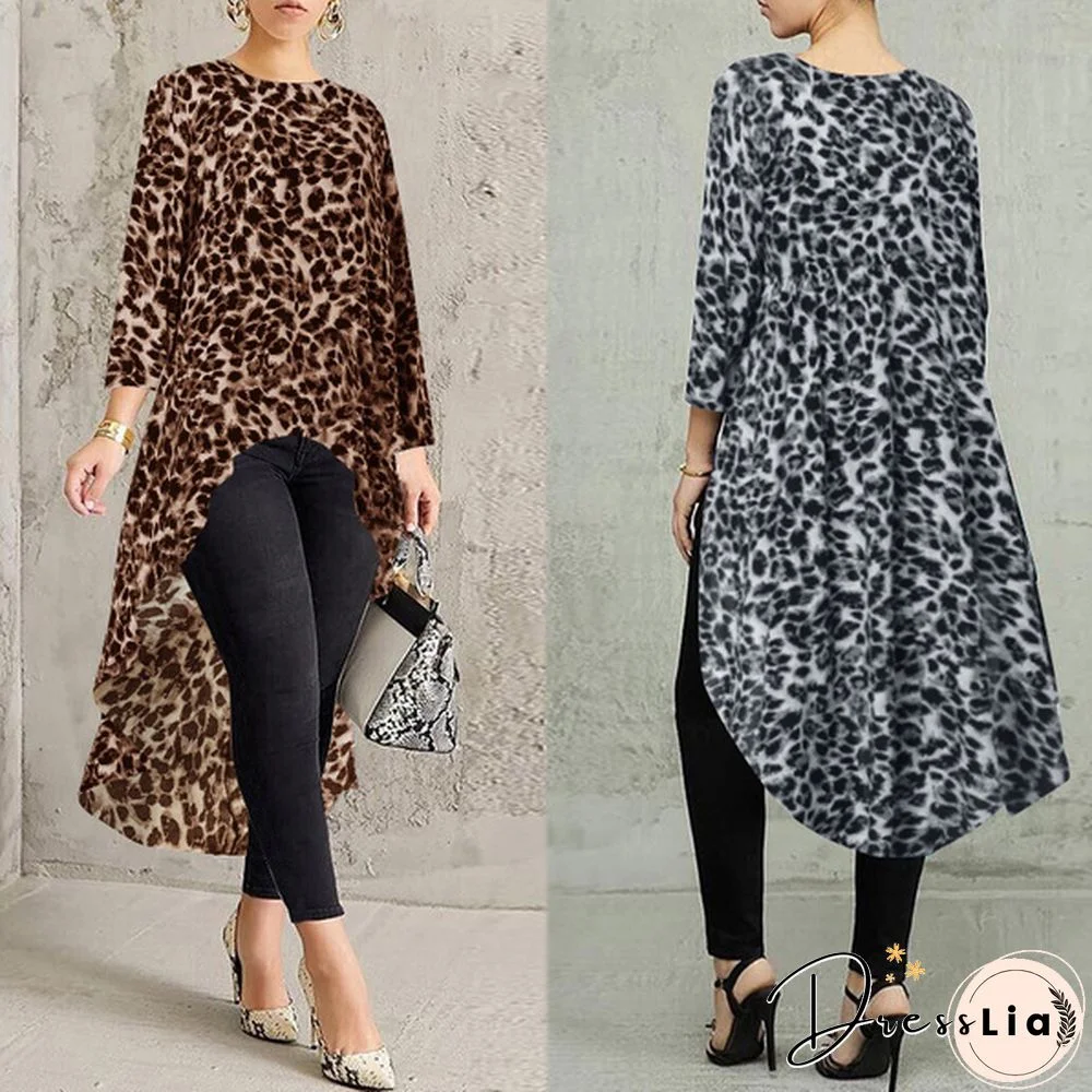 ZANZEA Women Long Sleeve Casual High Low Blouse Leopard Print Shirts Tunic Tops Plus Size