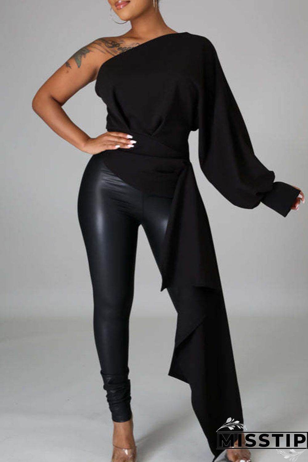 Black Casual Solid Patchwork Asymmetrical Oblique Collar Tops