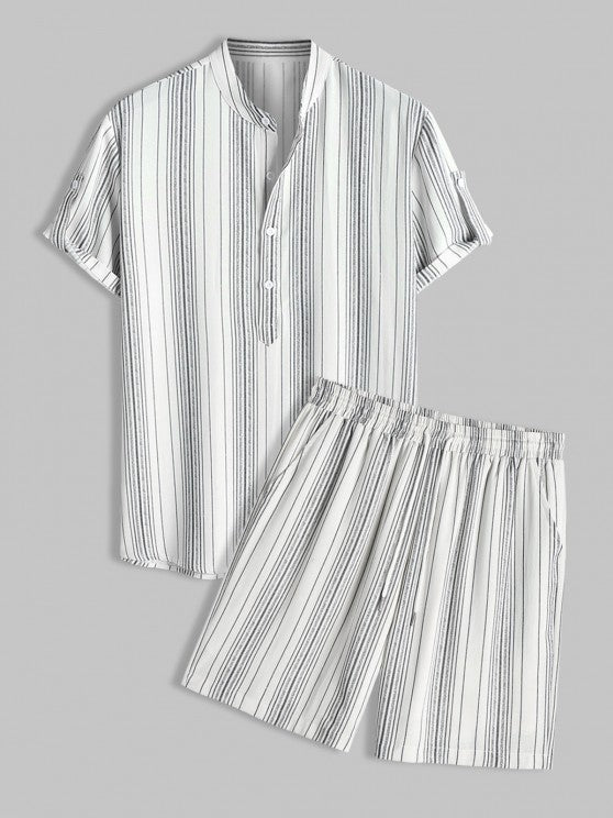 Striped Pattern Short Sleeves Shirt And Drawstring Lined Shorts Set
