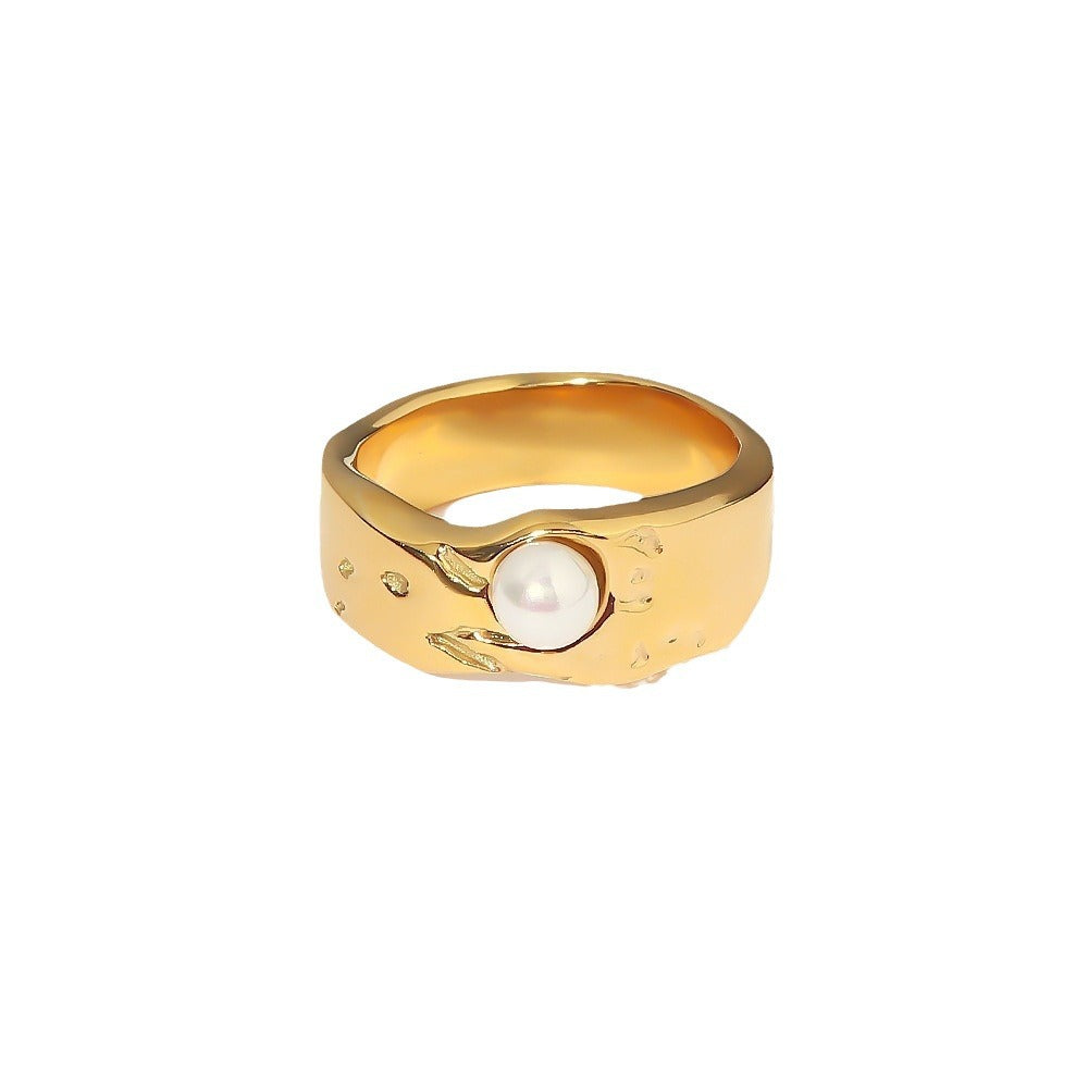 Women IG Style Pearl Geometric Stainless Steel 18K Gold Plated Rings