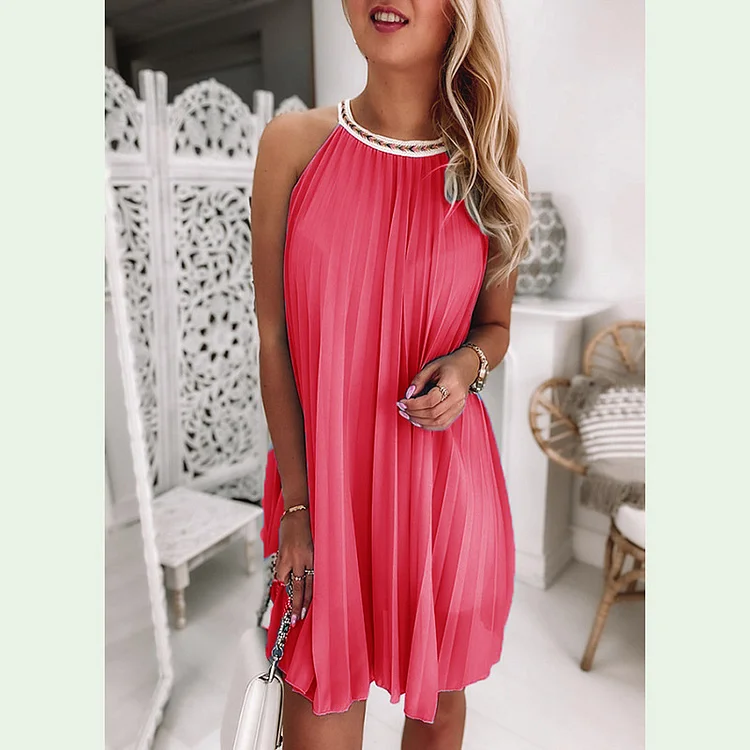 Fashion Colorful Retro Sleeveless Pleated Casual Loose Party Beach Mini Dress