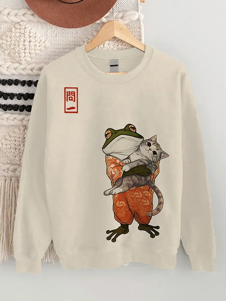 Women's Japanese Kimono Frog Cat Art Print Sweatshirt