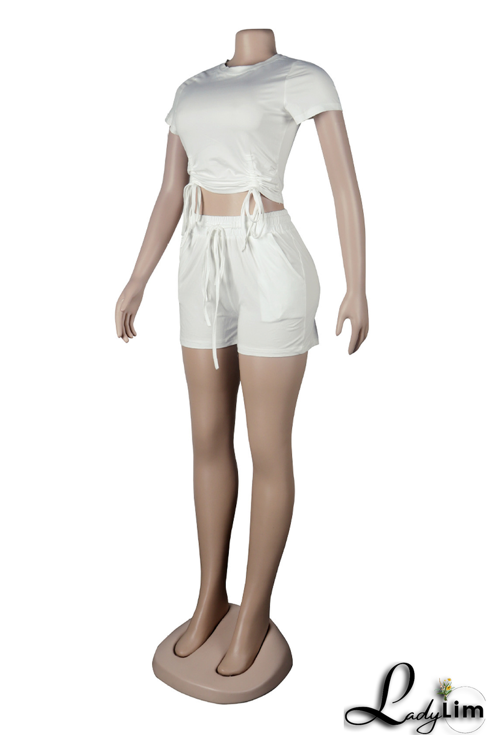 Rose Red Fashion Solid Draw String O Neck Short Sleeve Two Pieces