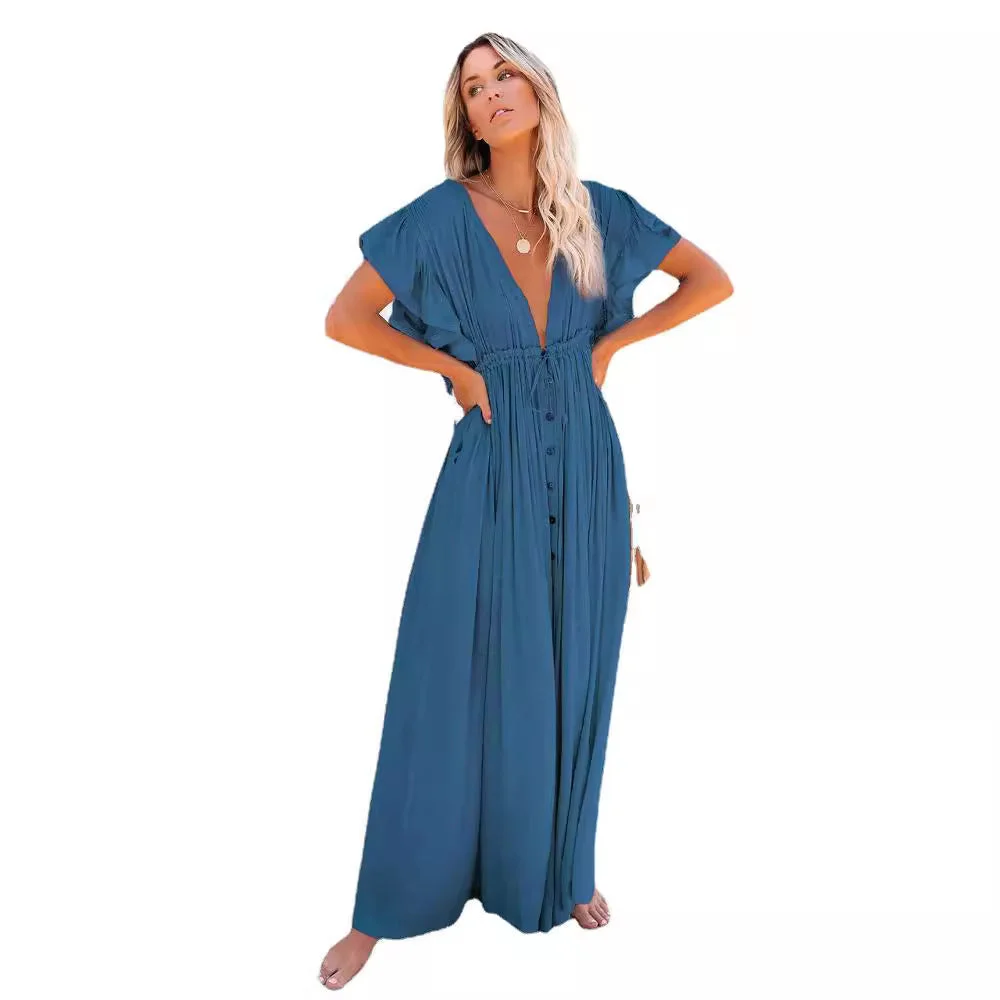 Brownm Summer Sun Protective Double-breasted Drawstring Dress Dresses