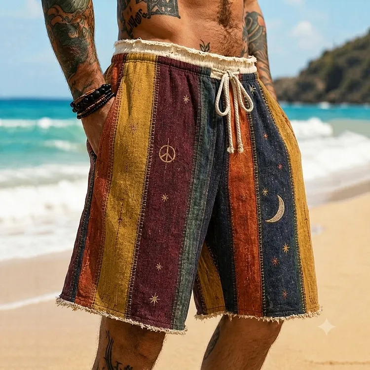 Men's Hippie Sun Moon Color Block Retro Art Print Shorts