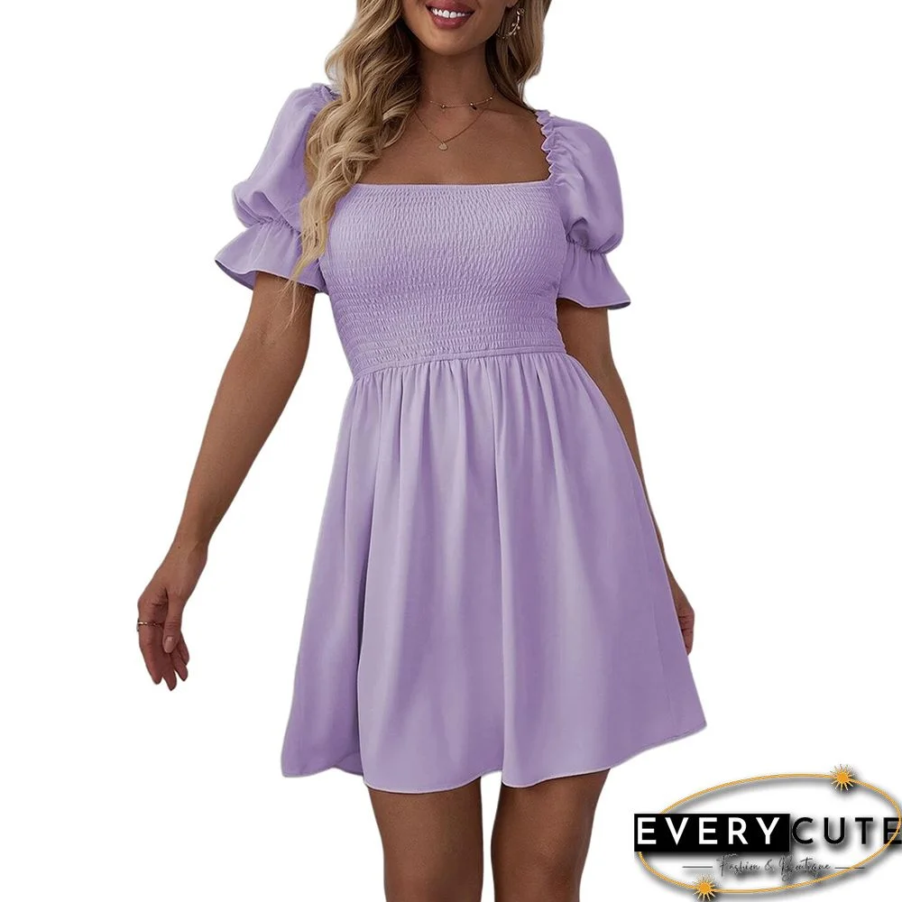 Light Purple Pleated Square Neck Short Sleeve Dress