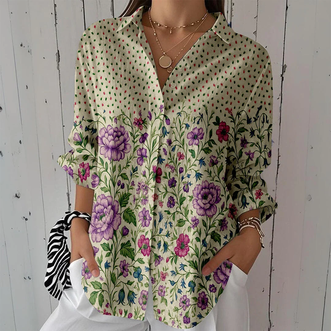 Style & Comfort for Mature Women Women Floral, Beige, Purple DZCL0406 3/4 Sleeve Shirt Collar Printed Button Tops