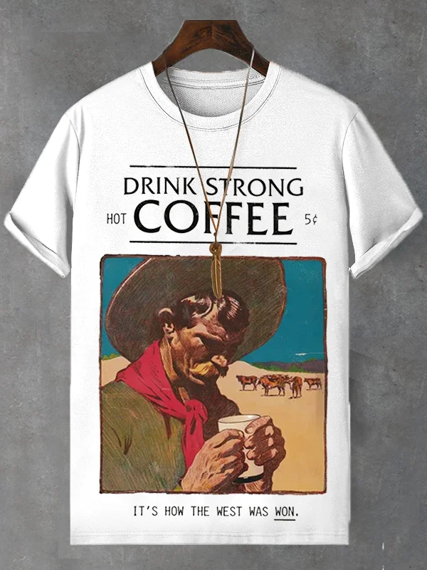 100% Cotton Men's Drink Strong Coffee Cowboy Illustration Print T-Shirt