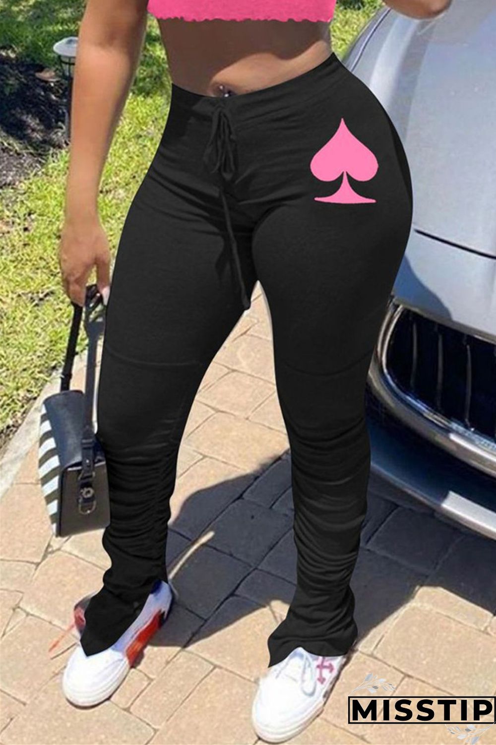 Pink Elastic Fly Mid Print Boot Cut Pants Bottoms