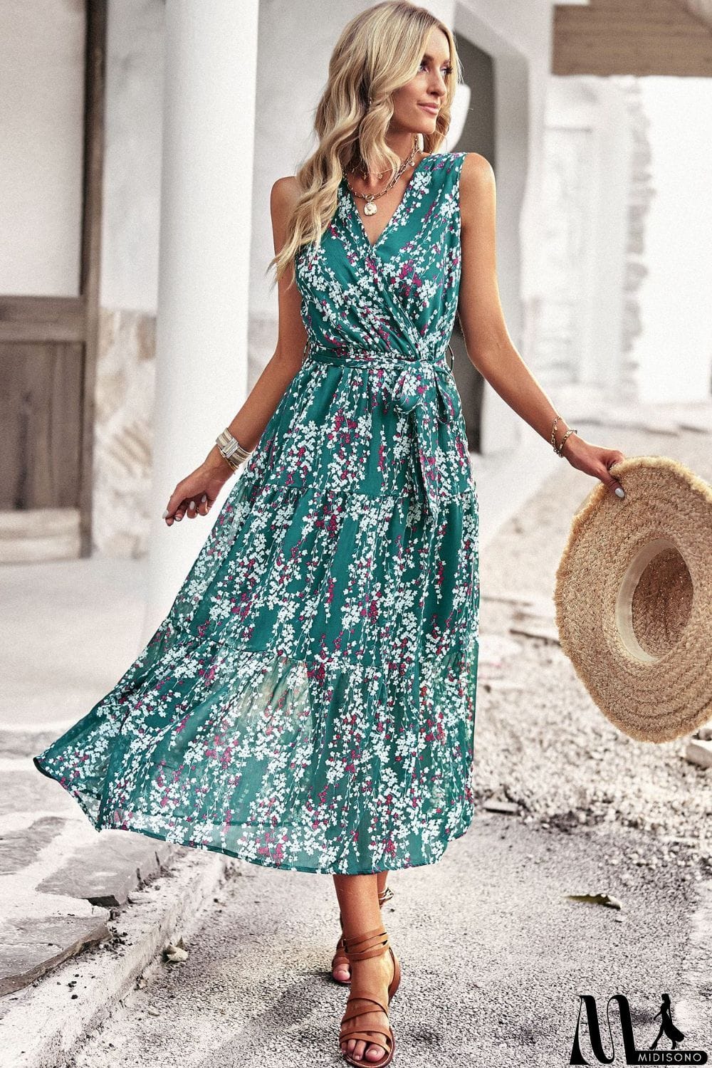 MidiSono - Floral Belted Surplice Sleeveless Tiered Dress