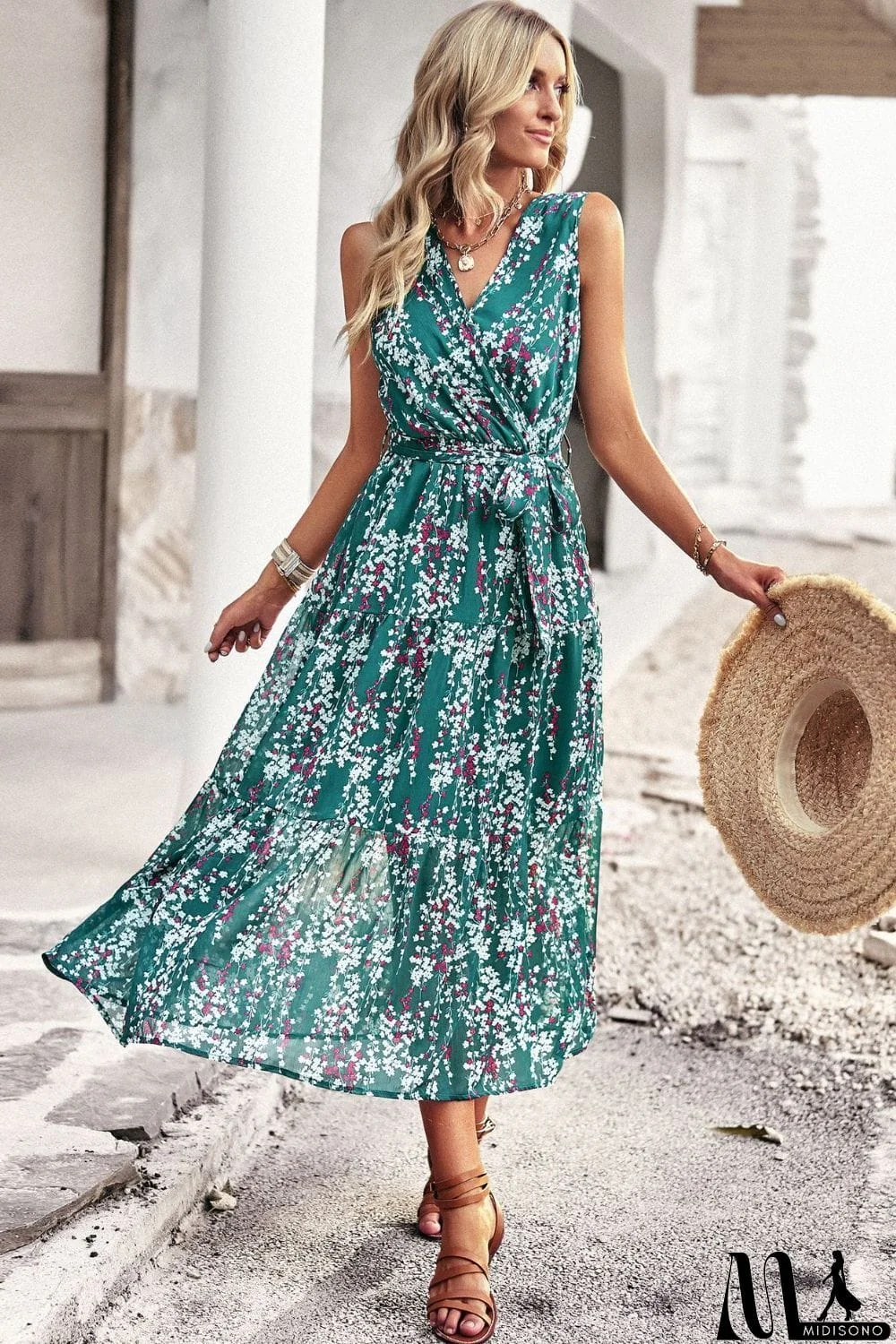 MidiSono - Floral Belted Surplice Sleeveless Tiered Dress