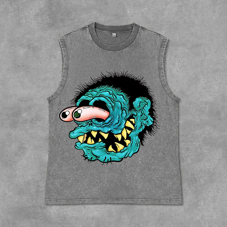 Funny Cartoon Portrait Graphic Print Acid Washed Sleeveless Tank Top SOPULA