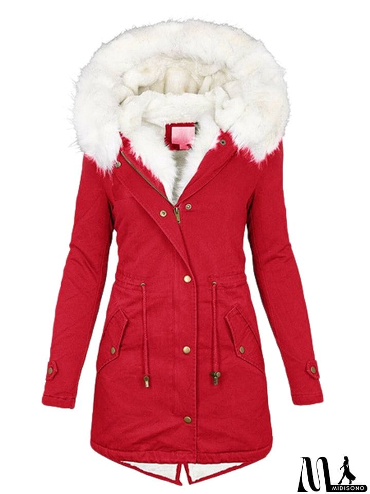 MidiSono - Female Thick Warm Plush Mid Length Hooded Coats
