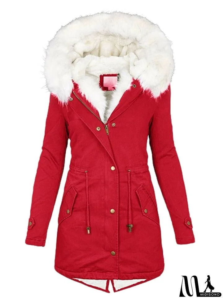 MidiSono - Female Thick Warm Plush Mid Length Hooded Coats