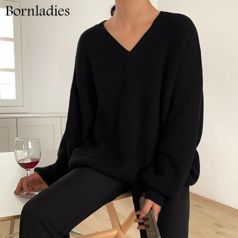 Bornladies  Autumn Winter Loose Pullover Basic Warm Sweater for Women Soft Kniited Korean V Neck Fashion Sweater Women Pull