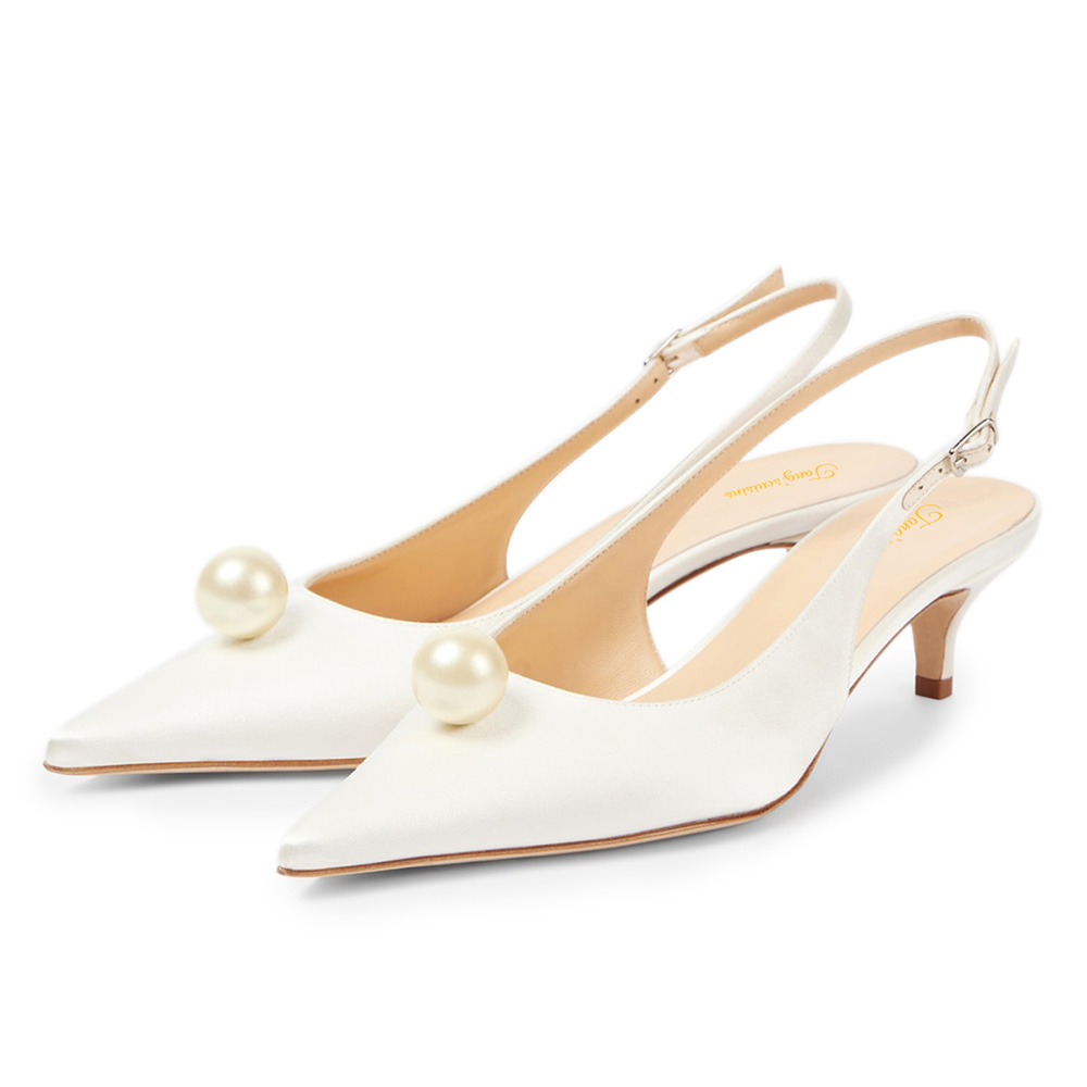 Pointed Toe Kitten Heel Slingback White Pumps with Pearl Decor Nicepairs