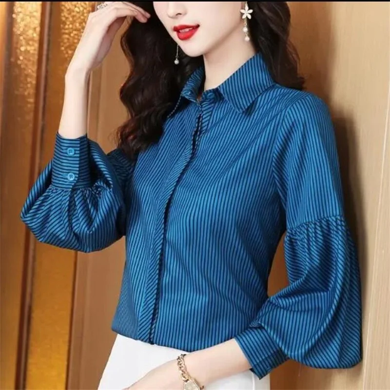 Cotton Striped Blouse Female Shirt Polo collar Long Lantern Sleeve Women Blouse Loose Elegant Button Top Office Ladies Shirt