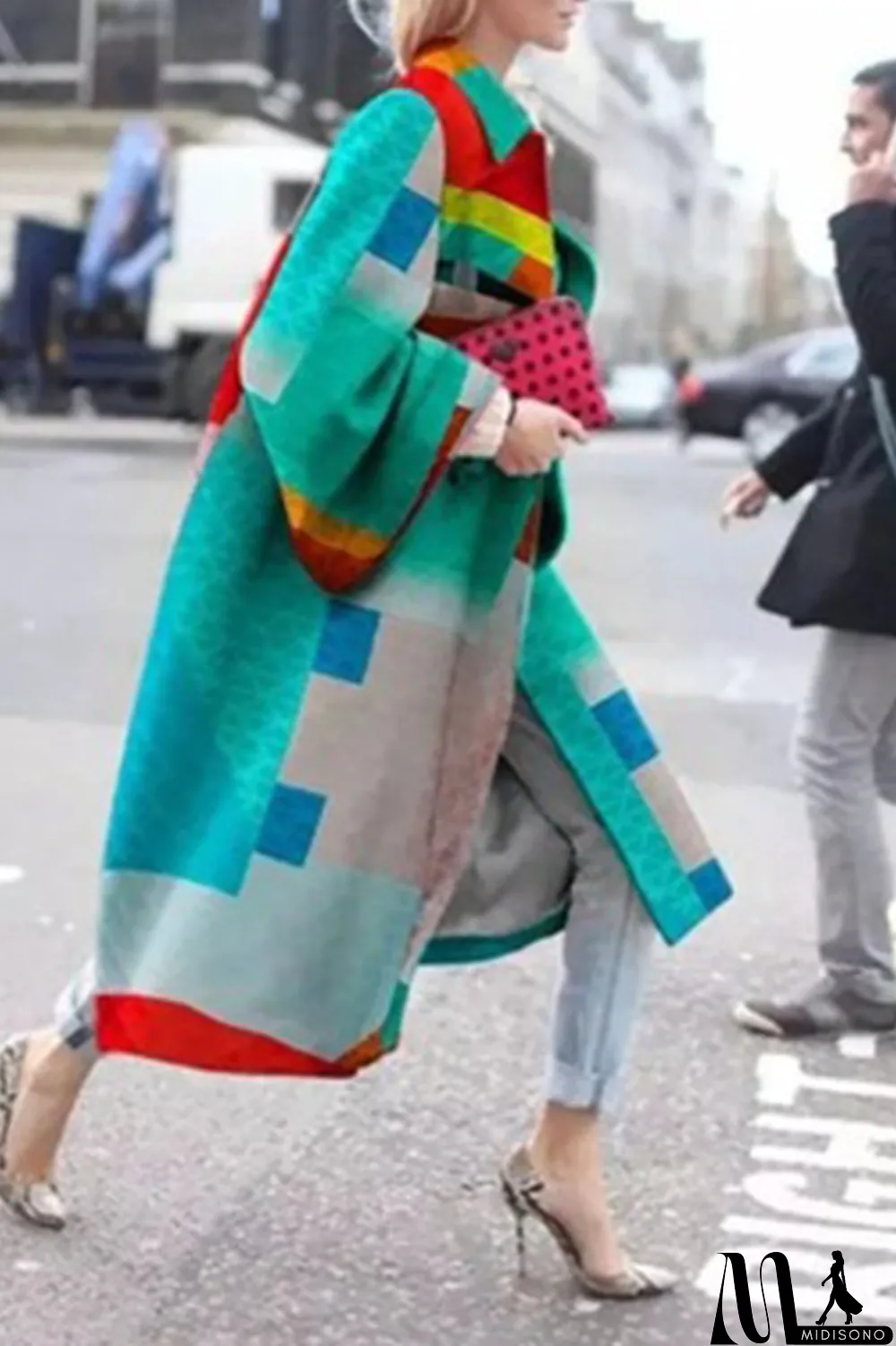 MidiSono - Yellow Blue Street Camouflage Print Patchwork Turndown Collar Outerwear