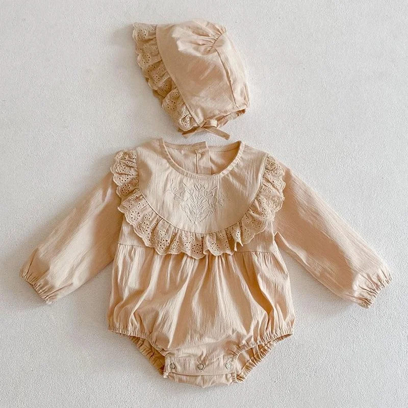 New 2021 Spring Autumn Infant Baby Girls Lace Rompers + Hat Clothing Kids Girl Long Sleeve Rompers Clothes