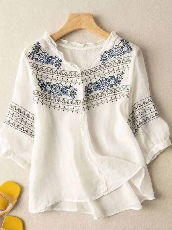 Embroidered Crew Neck 3/4 Sleeve Casual Linen Top