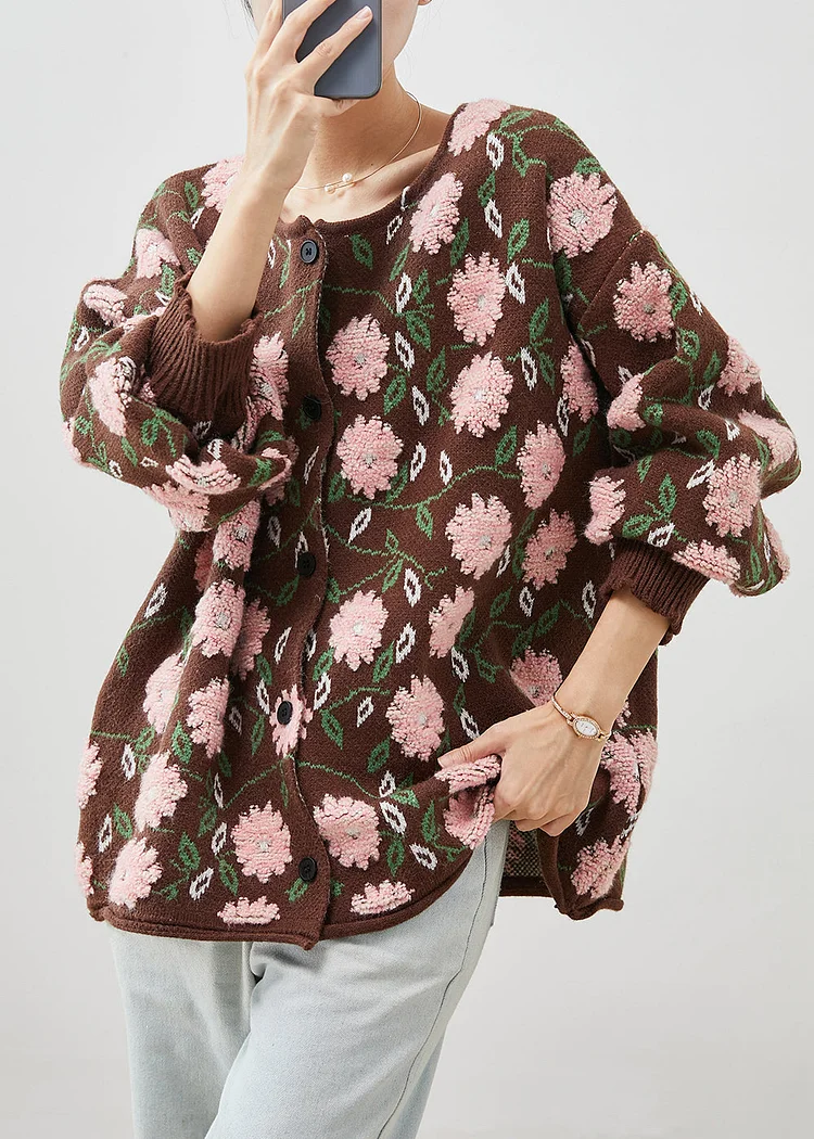 Simple Coffee Oversized Floral Jacquard Knit Cardigan Winter