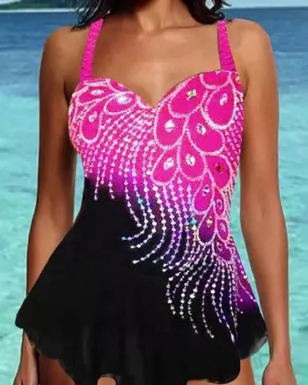 Split Print Casual Tank Top Swimsuit