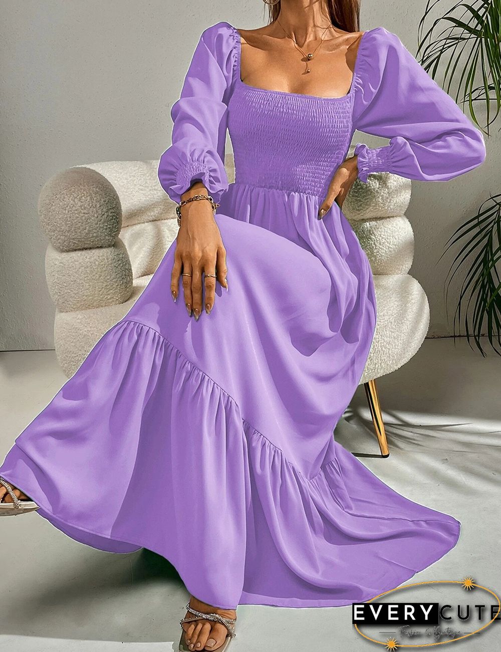 Purple Square Neck Pleated High Waist Maxi Dress
