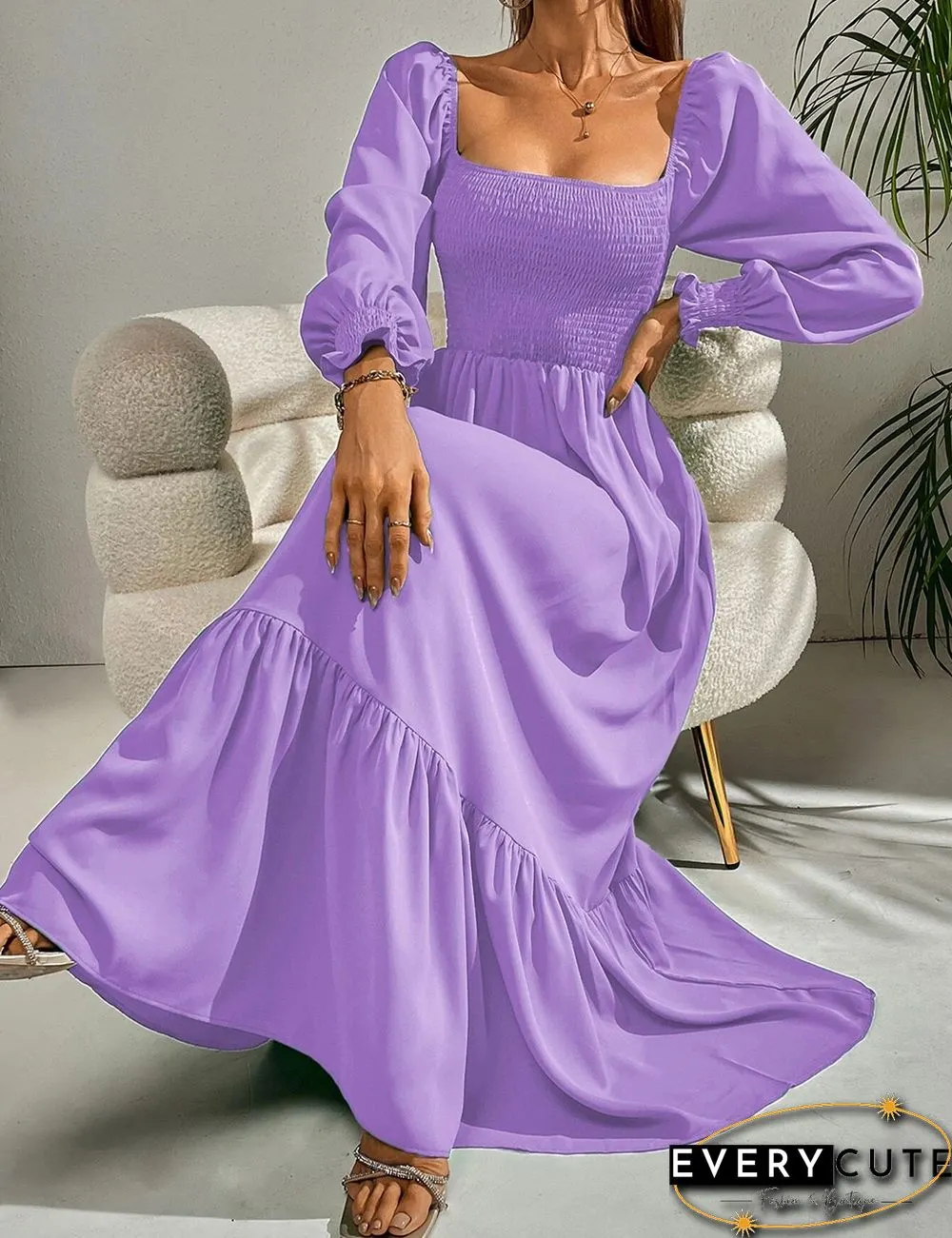 Purple Square Neck Pleated High Waist Maxi Dress