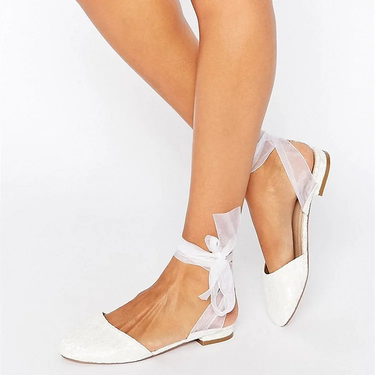 Women's White Wedding Shoes Lace Strappy Flats Bridal Shoes |FSJ Shoes