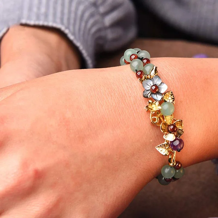 Garnet Bead Flower Petal Green Aventurine Luck Bracelet