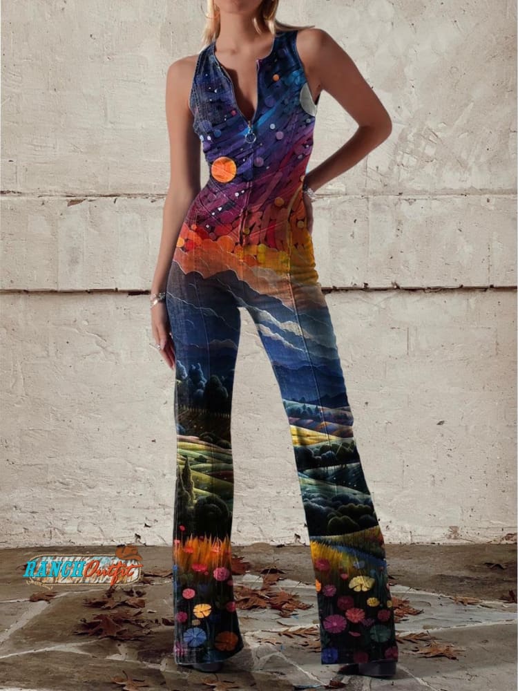 Women’s Starry Field Print Casual Denim Jumpsuit Multicolor / Xs