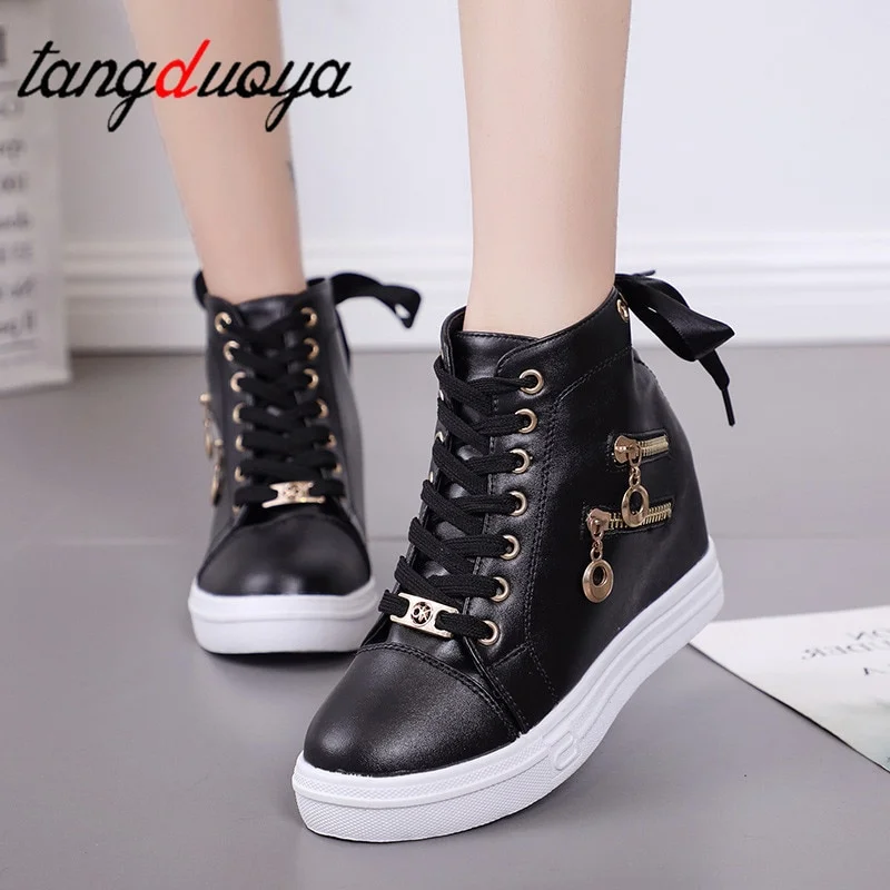 Qengg Shoes Woman High Top Spring Autumn 2022 Female Fashion Casual Shoes Zipper Hided Wedge Lady Sneakers White Shoes