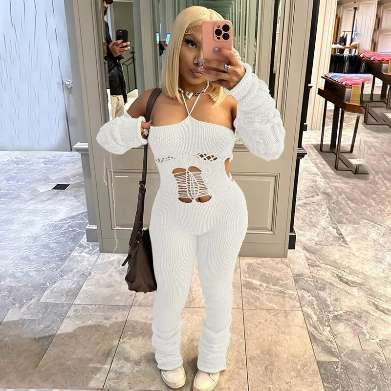 Uveng Uveng Women's 2023 Autumn And Winter 2023 New Woolen Sleeve Hanging Neck Tie Hollow Jumpsuit Pile Trousers