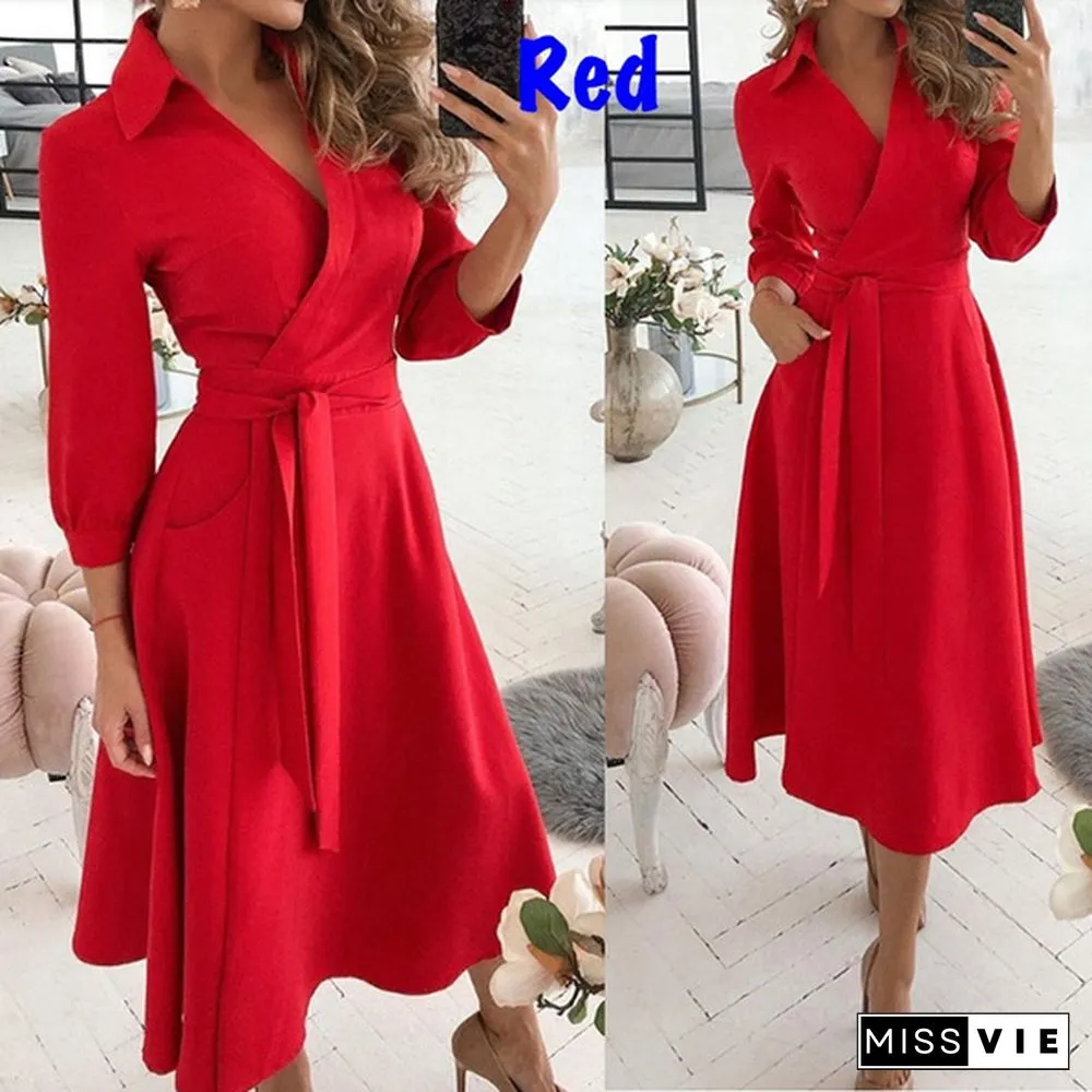 Fashion V-Neck Print Dress-SummerCasualBeltLacePartyLinePromLongSleeveLadiesTunic
