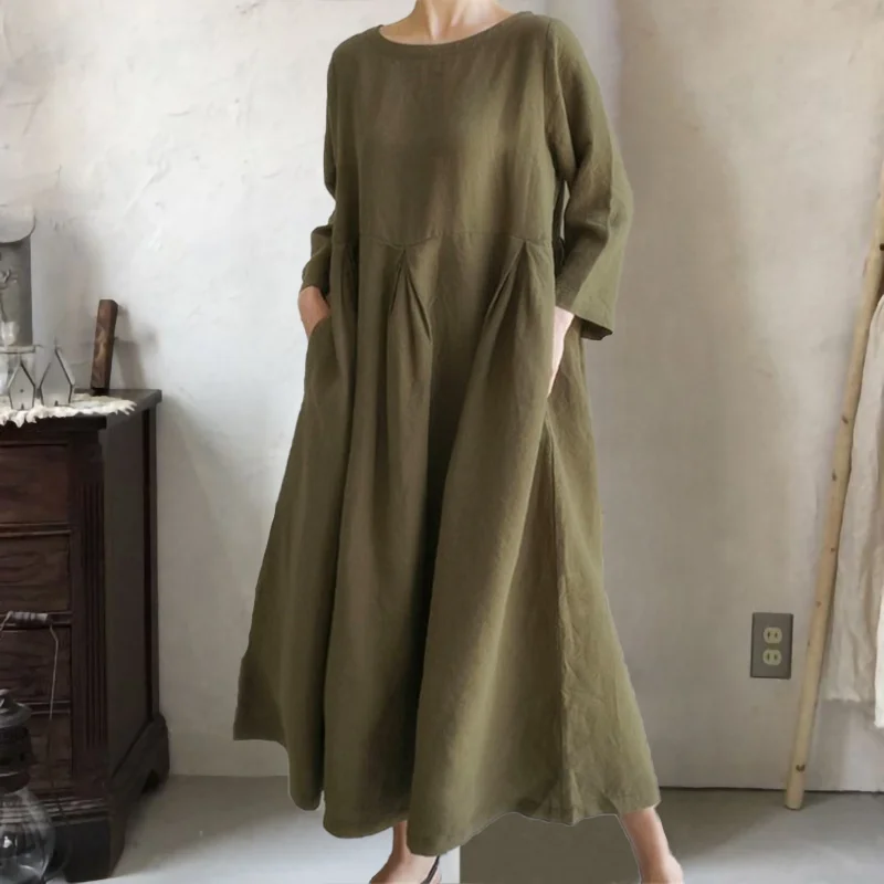 Loose Cotton Linen Round Neck Solid Maxi Dress