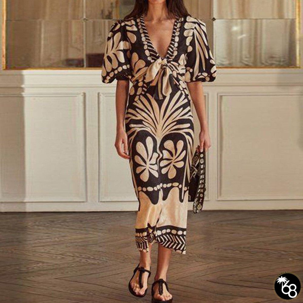 Distinctive Short Sleeve V-Neck Midi Dress | 168DEAL