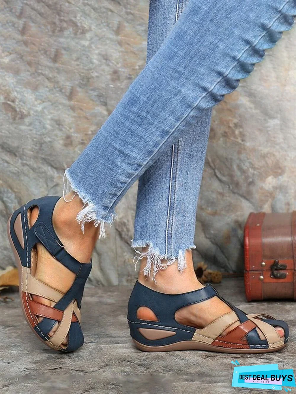 Faux Leather Vintage Contrast Comfortable Velcro Sandals