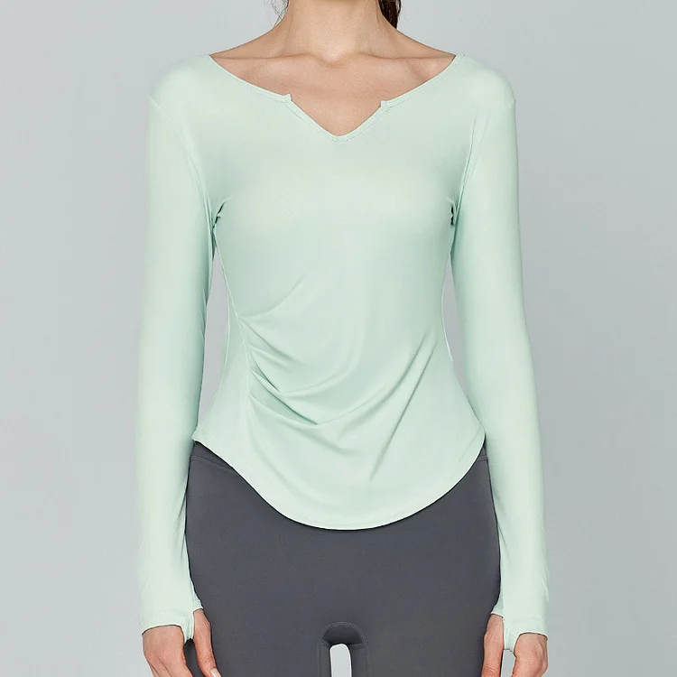 PASUXI Women's Slim-Fit V-Neck Long Sleeve Sports Top Solid Color All-Match Workout Yoga Shirt huanwei