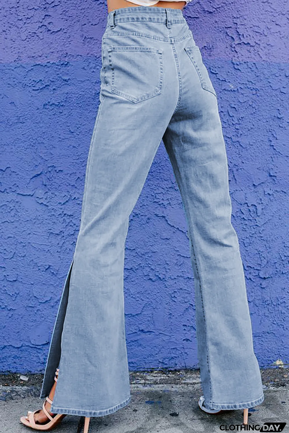 Sky Blue Wide Leg Split Hemline Flared Jeans