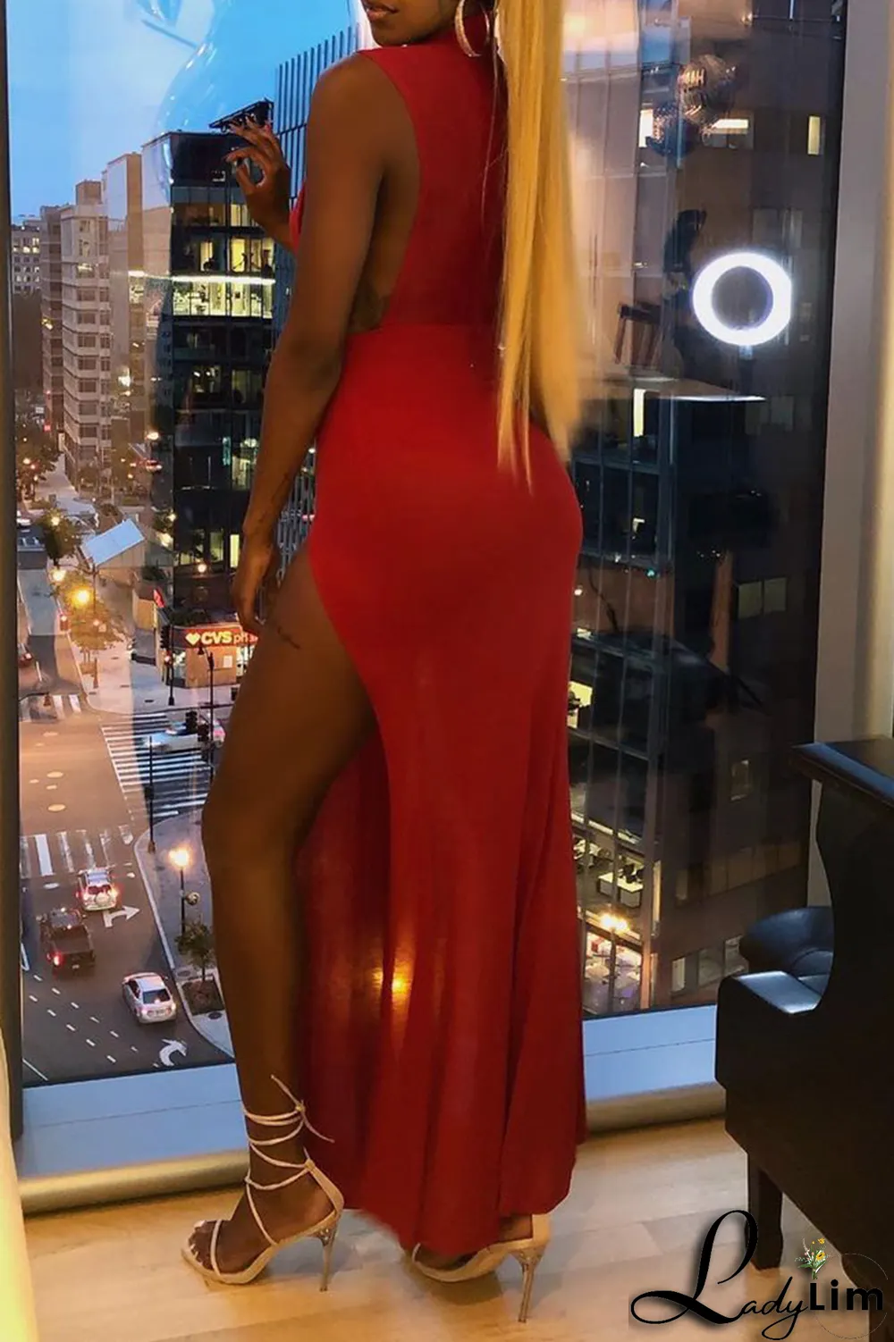 Red Sexy Print High Opening Half A Turtleneck Irregular Dress Dresses