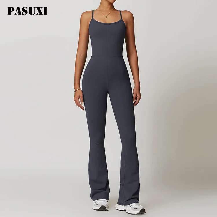 PASUXI Outdoor Sports Yoga Jumpsuit Flared Trousers Suspenders huanwei