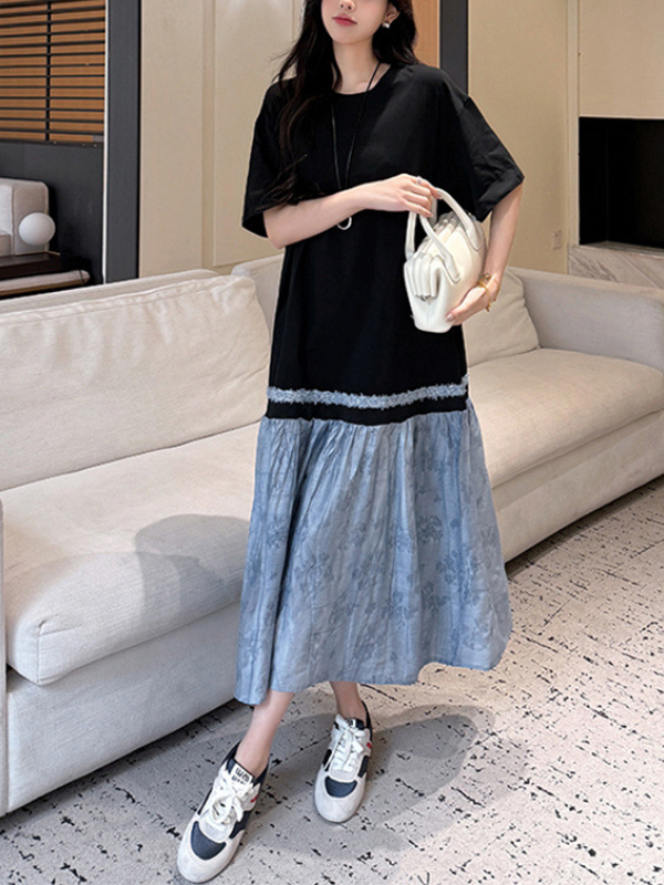 Short Sleeve Patchwork Floral Pattern Loose Maxi Dress