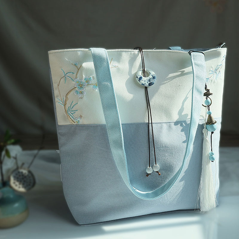 Plum Embroidery Color Block Vintage Tote Bag