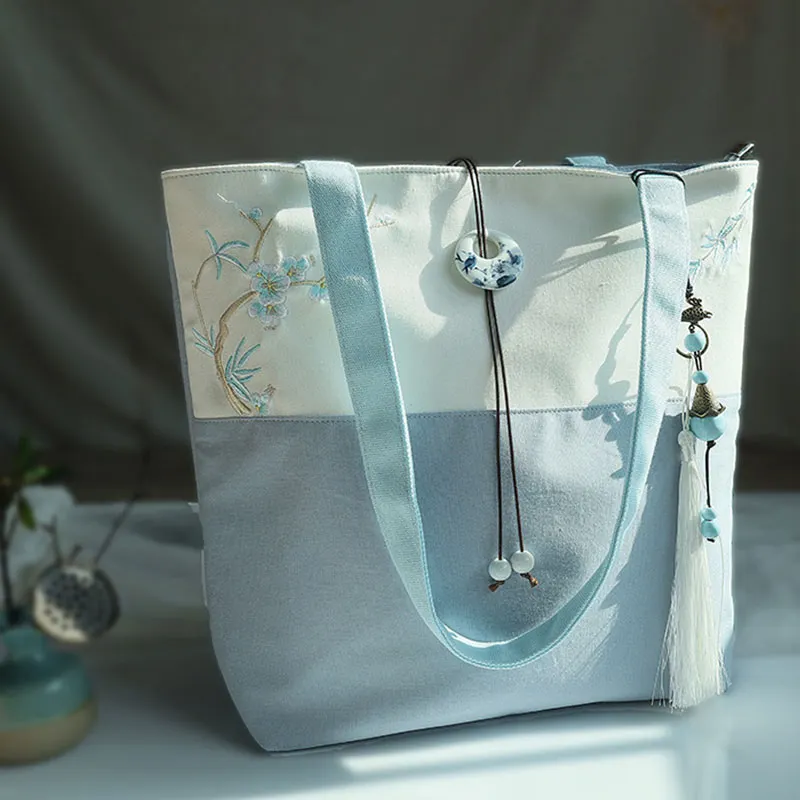 Plum Embroidery Color Block Vintage Tote Bag