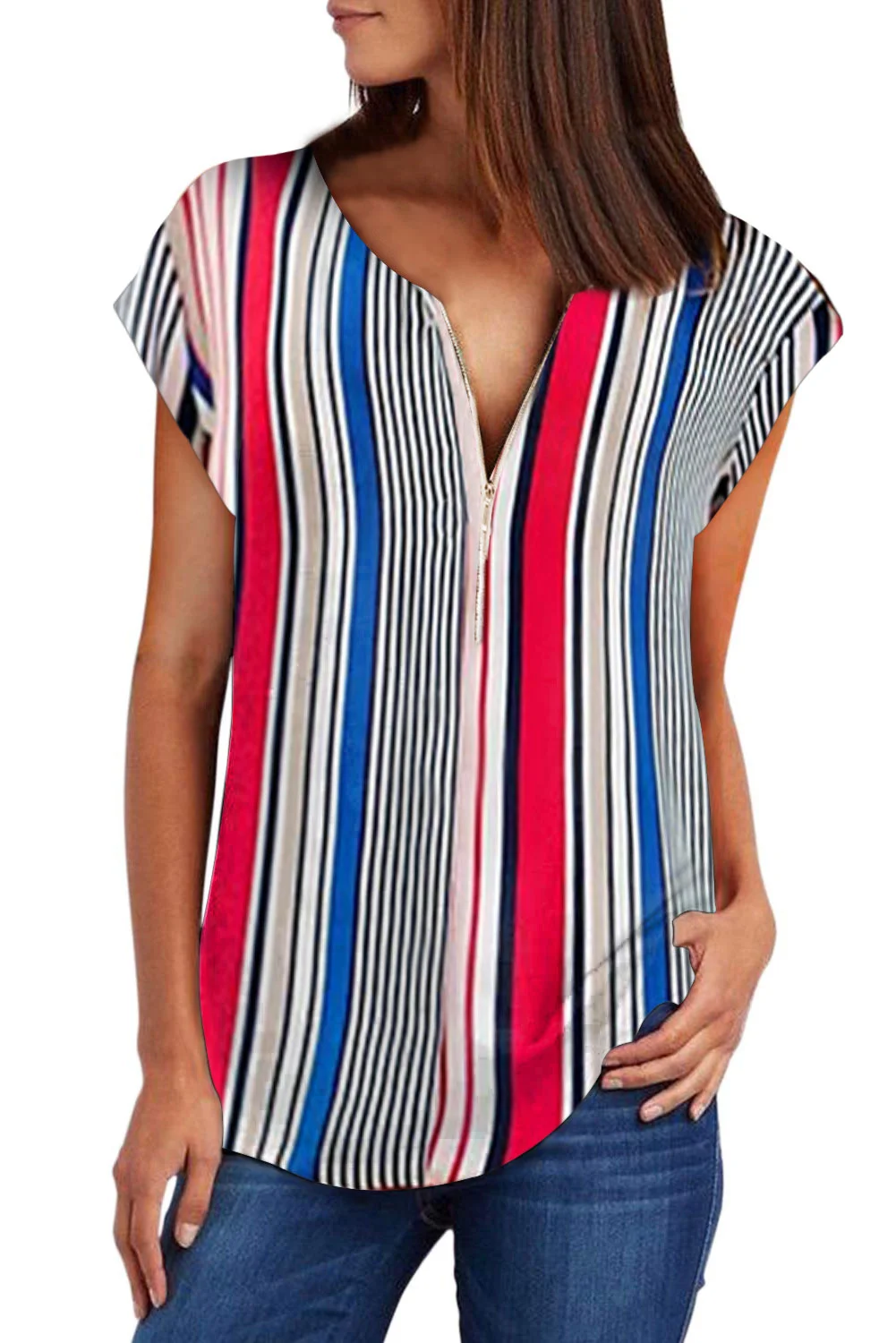 Multicolor V Neck Stripes Roll up Short Sleeve Zip Up Blouse | IFYHOME