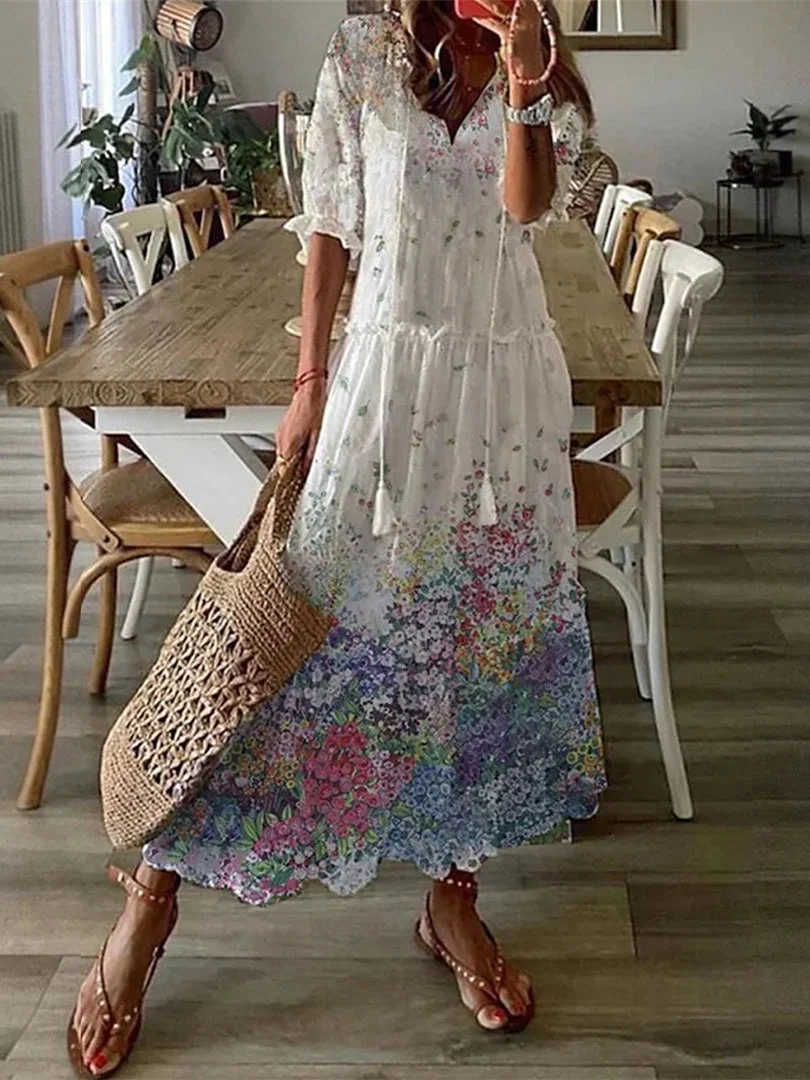 Women's V-neck Half Sleeve Graphic Floral Printed Maxi Dress